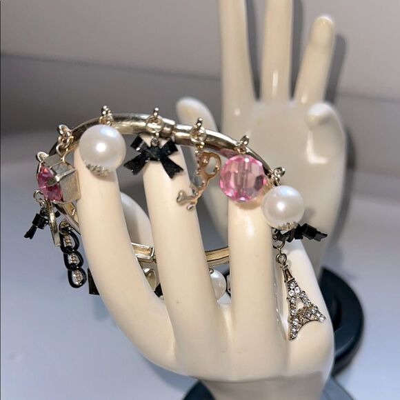 French Themed Pink and Gold Tone Stretch Charm Bracelet - Picture 1 of 5